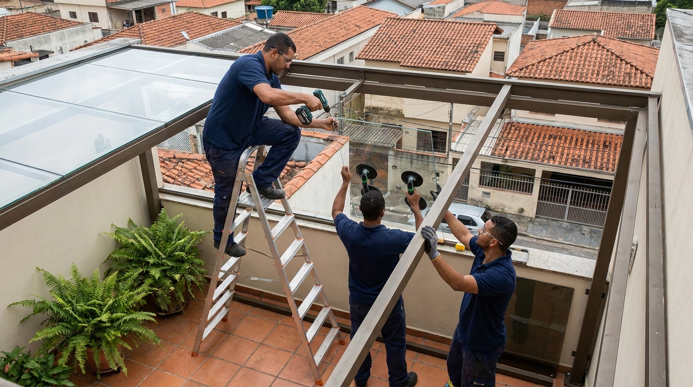 Cobertura de vidro em terraço com telhados em Indaiatuba-SP