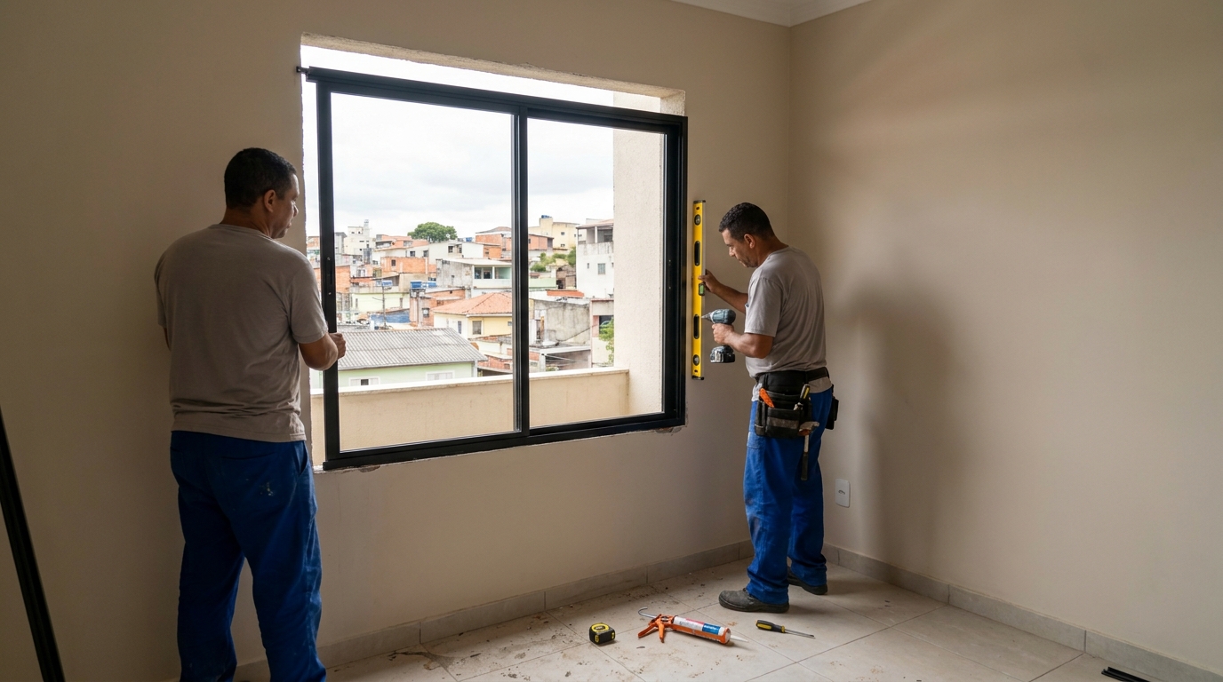Esquadria de alumínio em quarto bege em Indaiatuba-SP