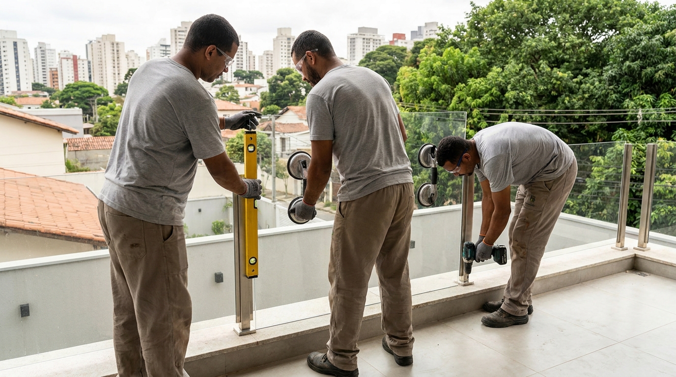 Guarda-corpo em terraço alto com vista cidade em Indaiatuba-SP