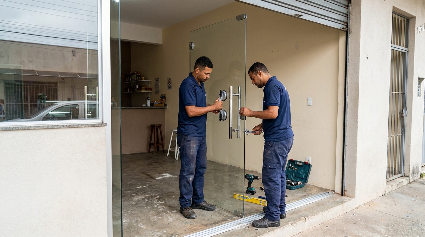 Dupla instalando porta de vidro em loja em Indaiatuba-SP