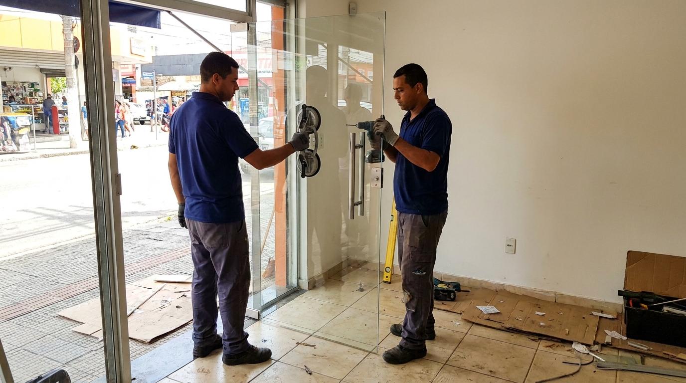 Porta de vidro de loja em rua movimentada em Indaiatuba-SP